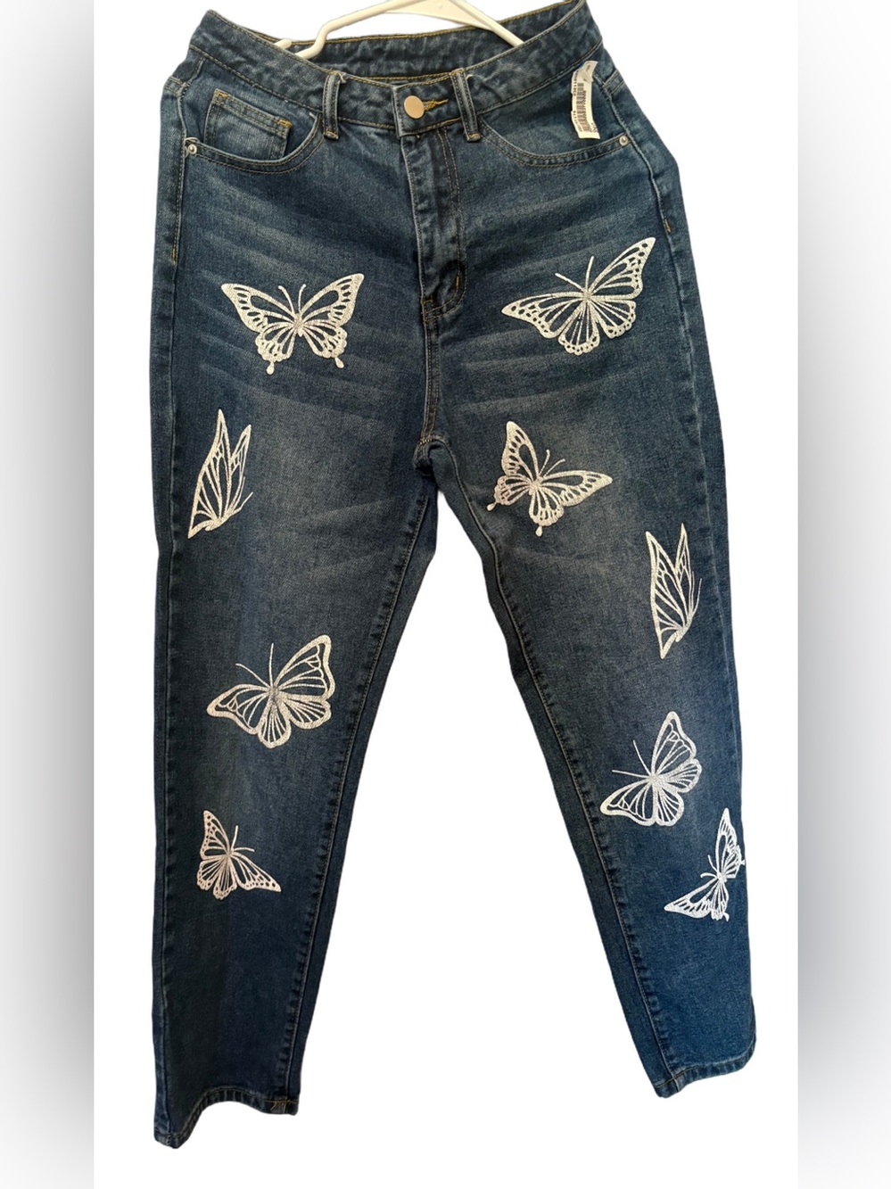 SHEIN Dark Blue Skinny Jeans with White Butterfly Appliqué